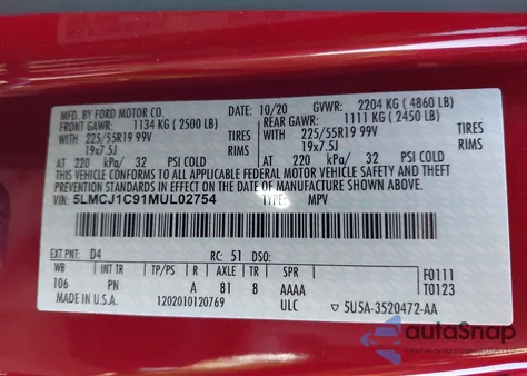 2021 Lincoln Corsair Standard z USA, uszkodzony, nr VIN 5LMCJ1C91MUL02754